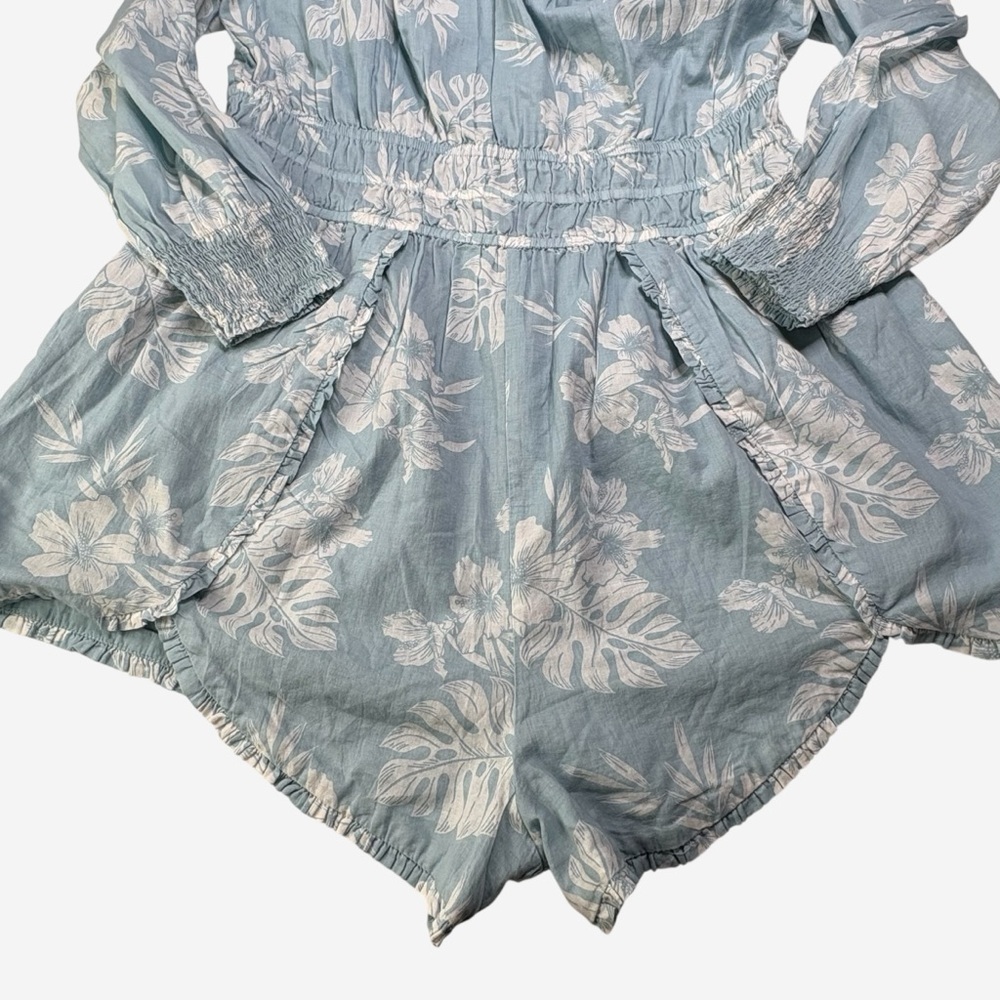 American Eagle Smocked Floral Romper Size XL Pockets 3/4 Sleeve Blue NEW - Picture 4 of 11